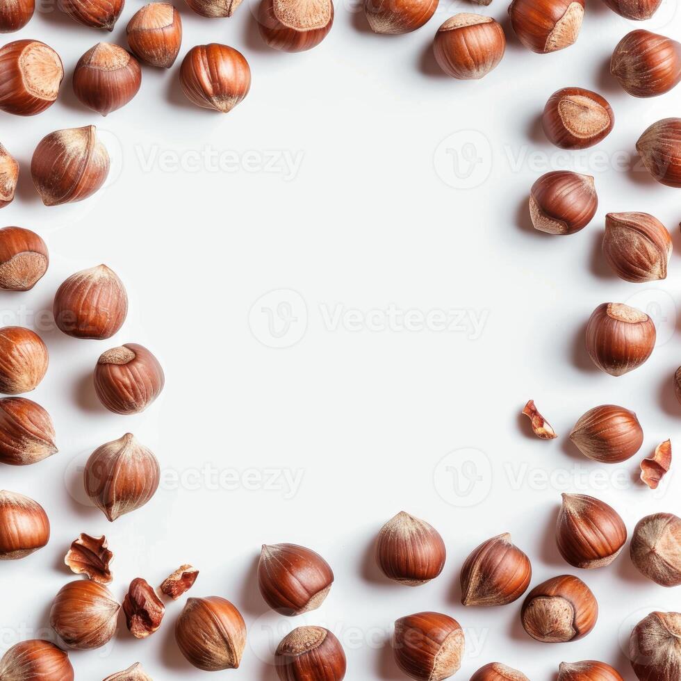 Hazelnuts forming a frame on a white background photo