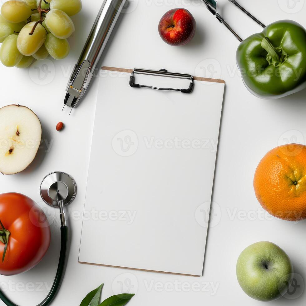 Clipboard surrounded by fruits, vegetables and medical equipment on white table photo