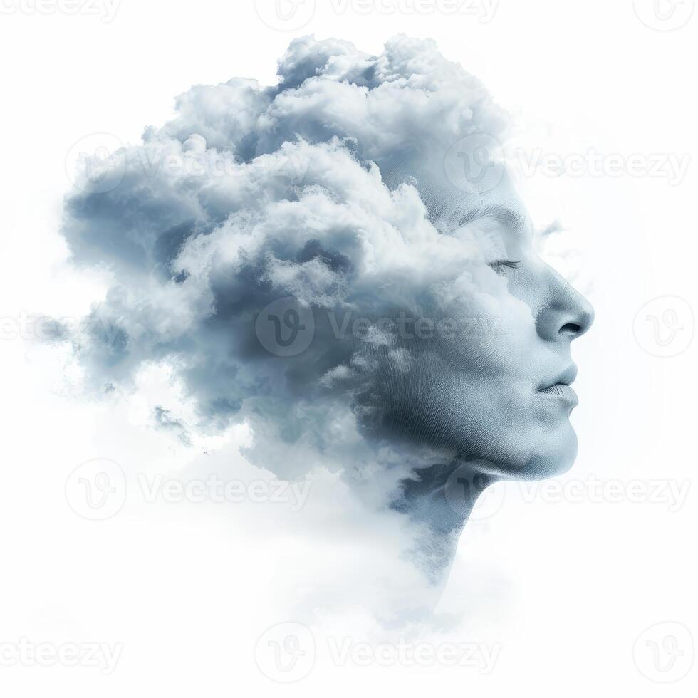 Woman face dissolving into clouds representing thoughts and dreams photo