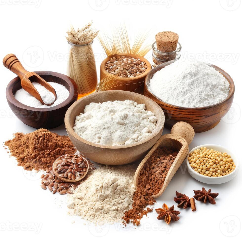 Different types of gluten free flour are laying on white background with spices and grains photo