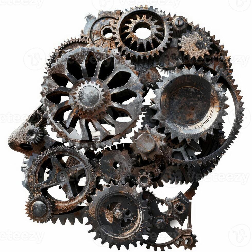 Human head profile made of interlocking industrial gears photo