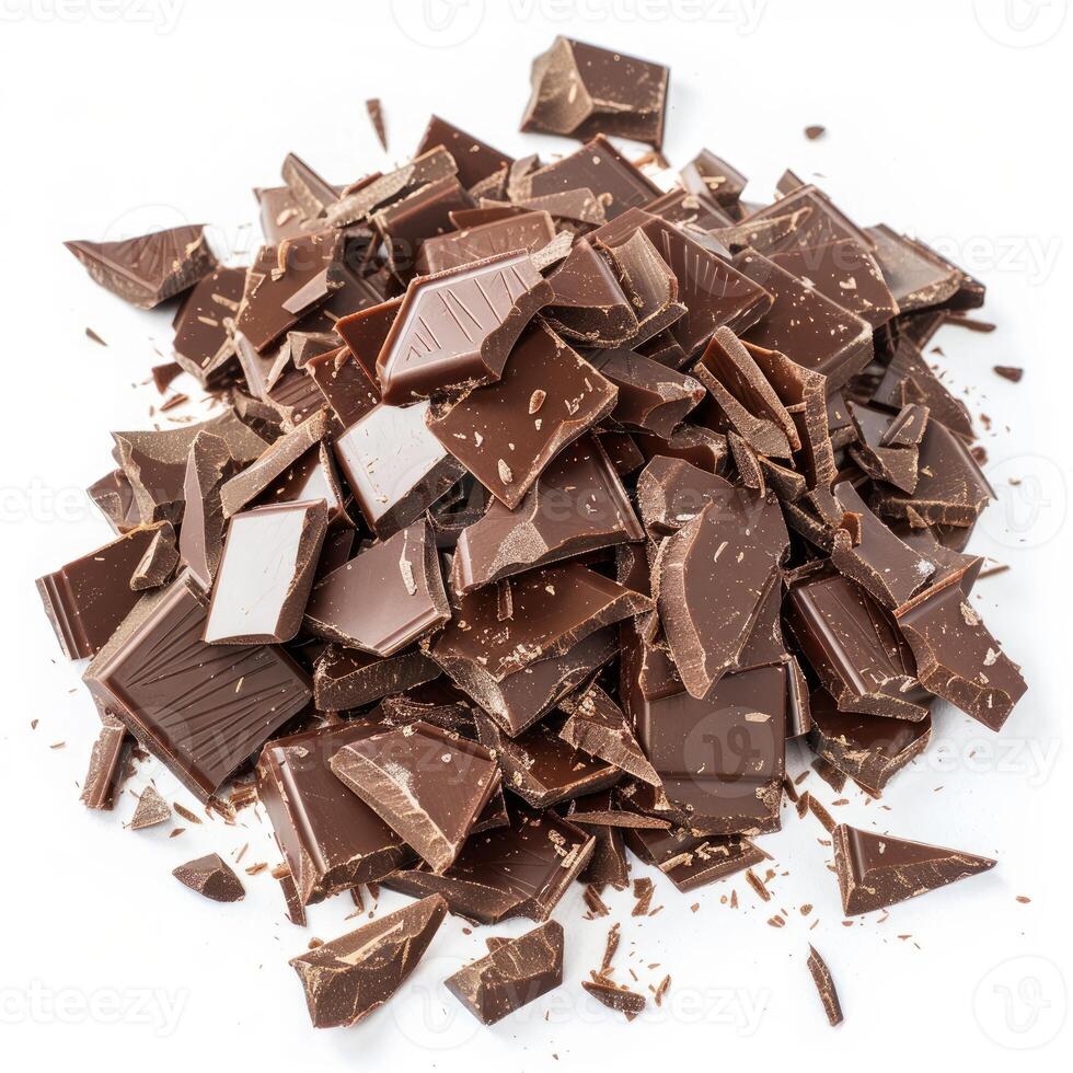 Pile of dark chocolate chunks forming a mound on white background photo