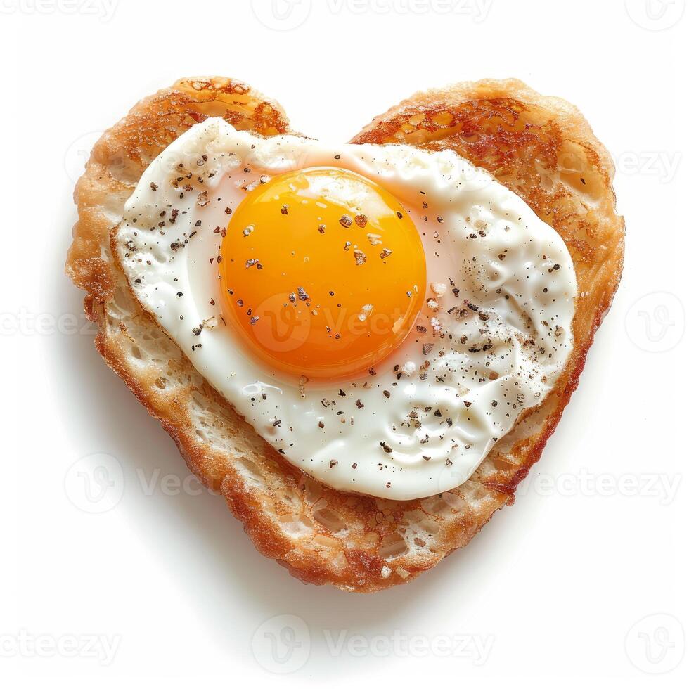 Toast in the shape of a heart with fried egg and black pepper on white background photo