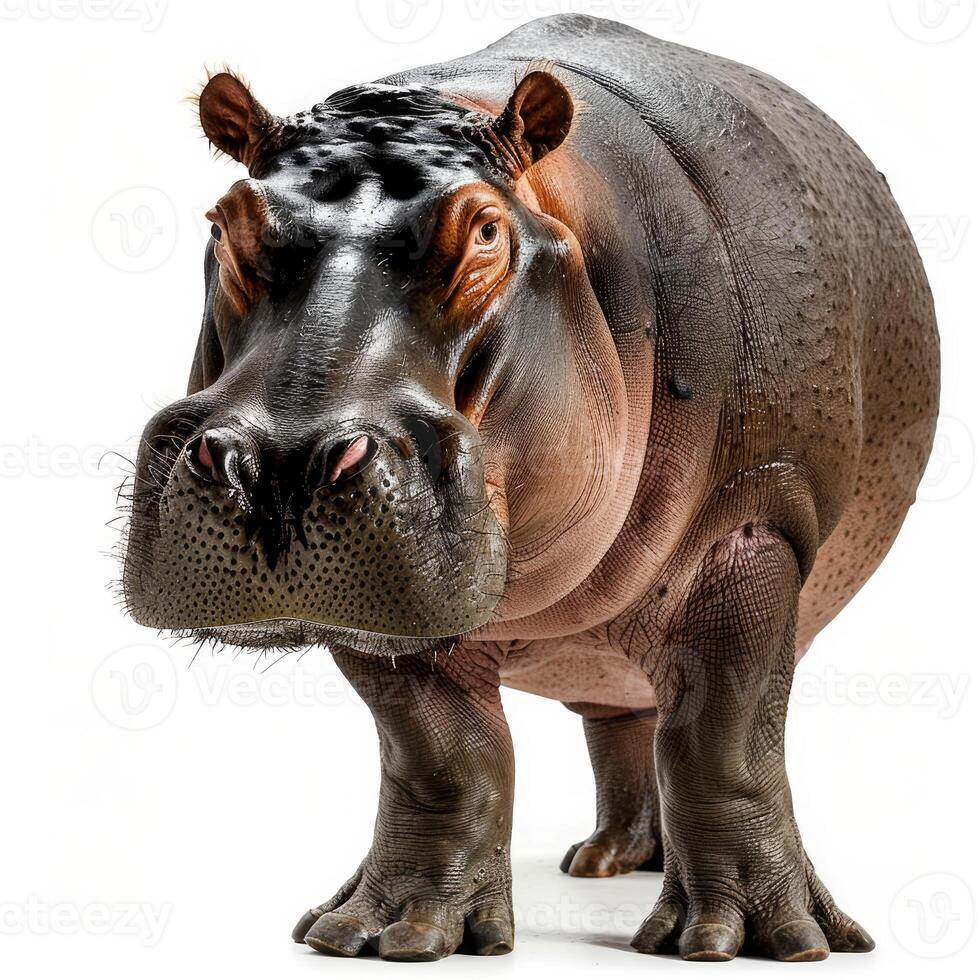 Large hippopotamus standing and looking forward on white background photo
