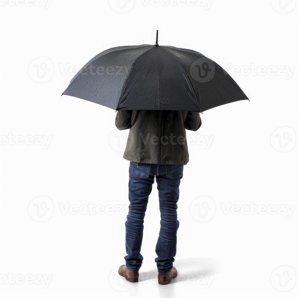 Man holding umbrella from behind on white background photo
