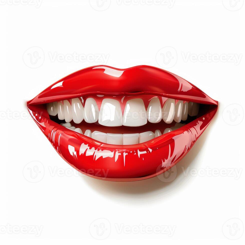 Woman smiling showing white teeth and red glossy lips photo