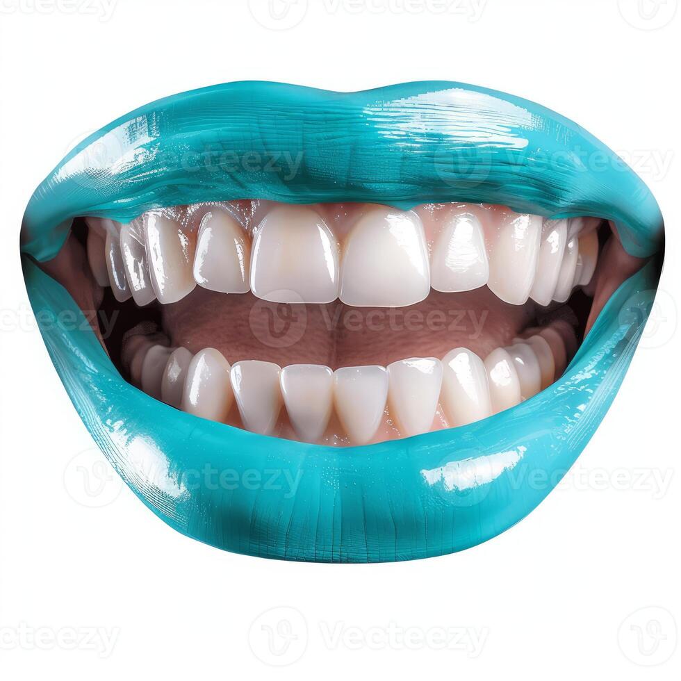 Woman smiling showing white teeth and turquoise lips photo