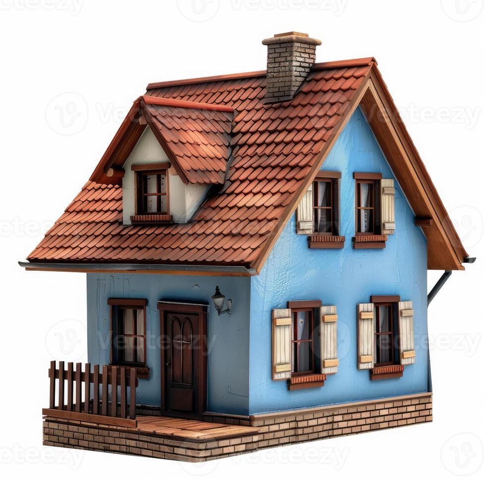 Charming blue miniature house with dormer window and tile roof photo