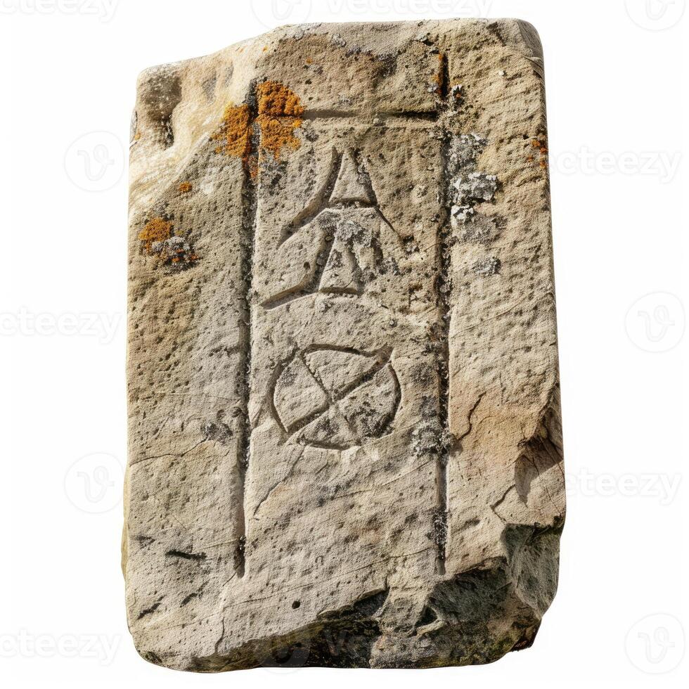Ancient stone tablet showing weathered pictogram carvings isolated on white background photo