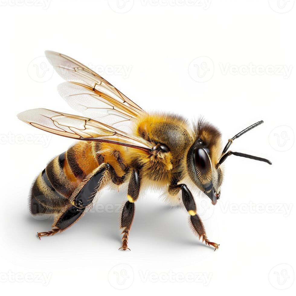 Honey bee standing on white background showing wings, legs, and antennae photo