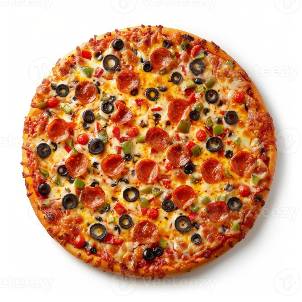 Delicious pizza with pepperoni, black olives and bell peppers on white background photo