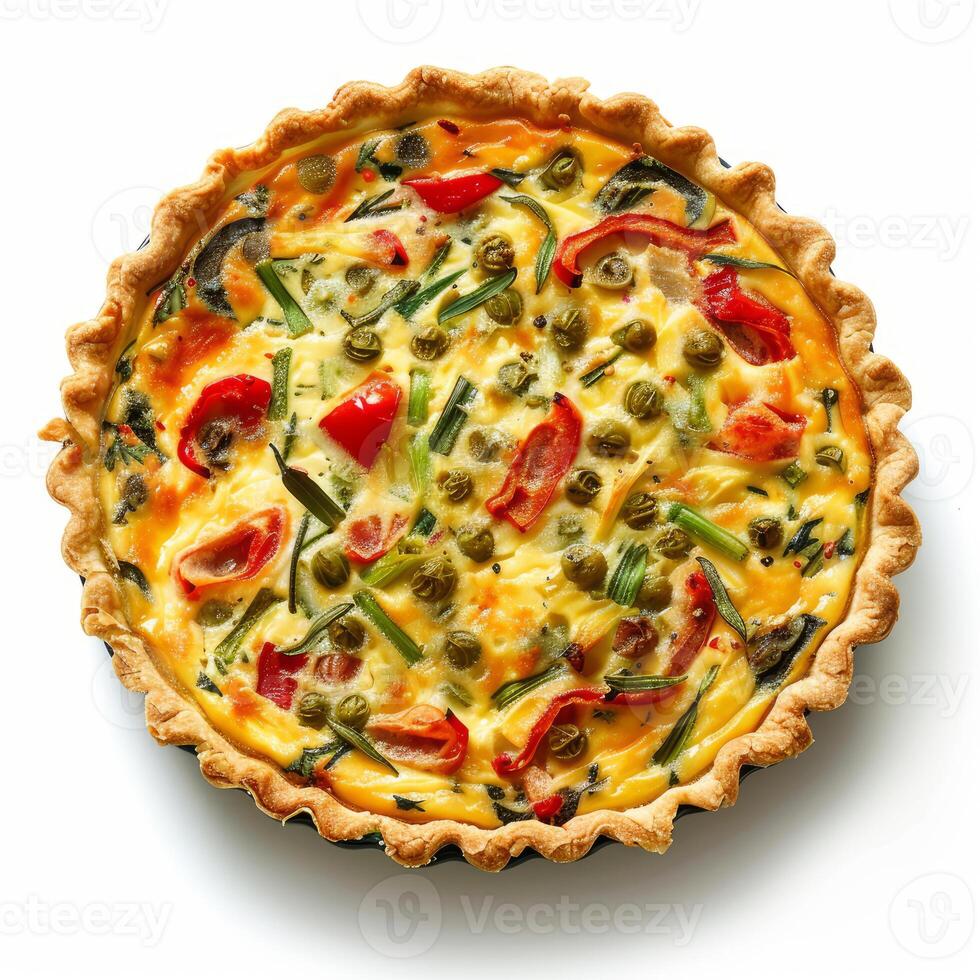 Delicious homemade quiche with colorful vegetables baking on white background photo