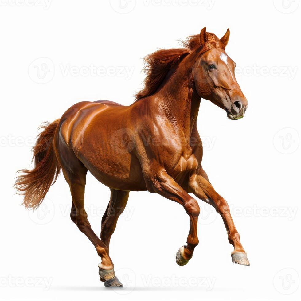 Chestnut horse running on white background with flowing mane photo