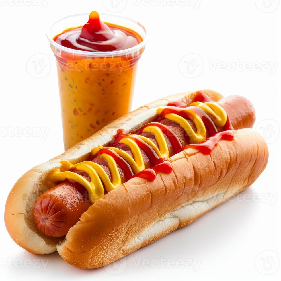 Hot dog covered with ketchup and mustard with a cup of sauce photo