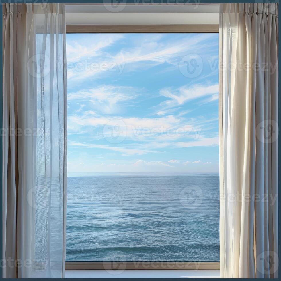 White curtains framing a breathtaking ocean view under a blue sky photo