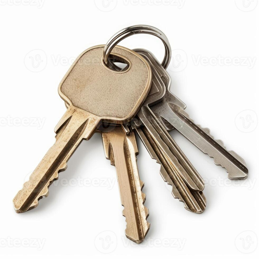 Bunch of keys on metal ring resting on white background photo