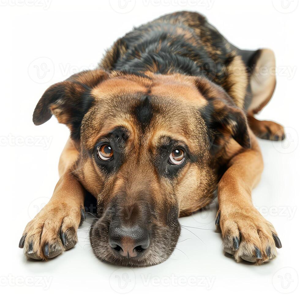 German shepherd dog lying down with sad expression on white background photo