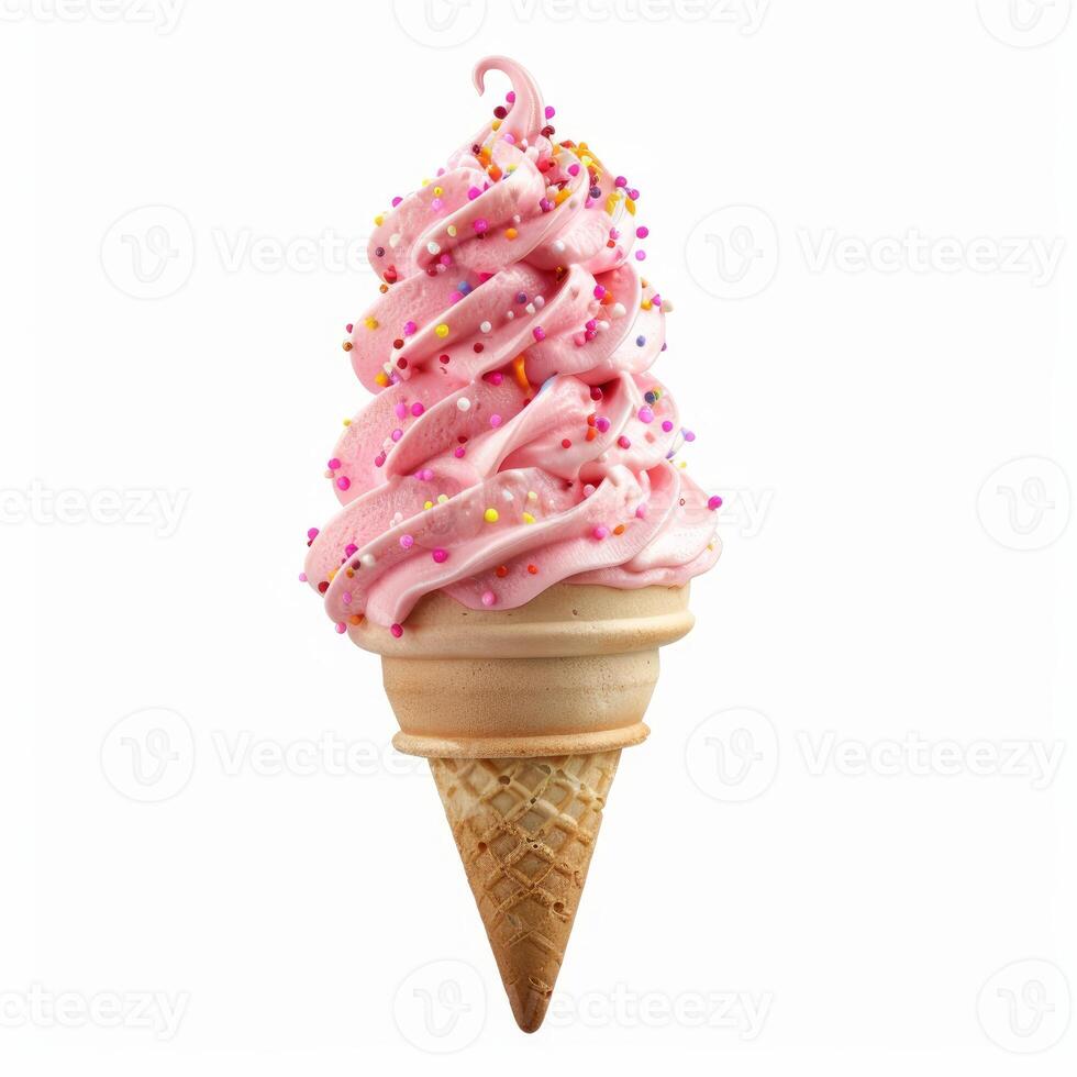 Delicious pink ice cream cone topped with colorful sprinkles rotating on white background photo