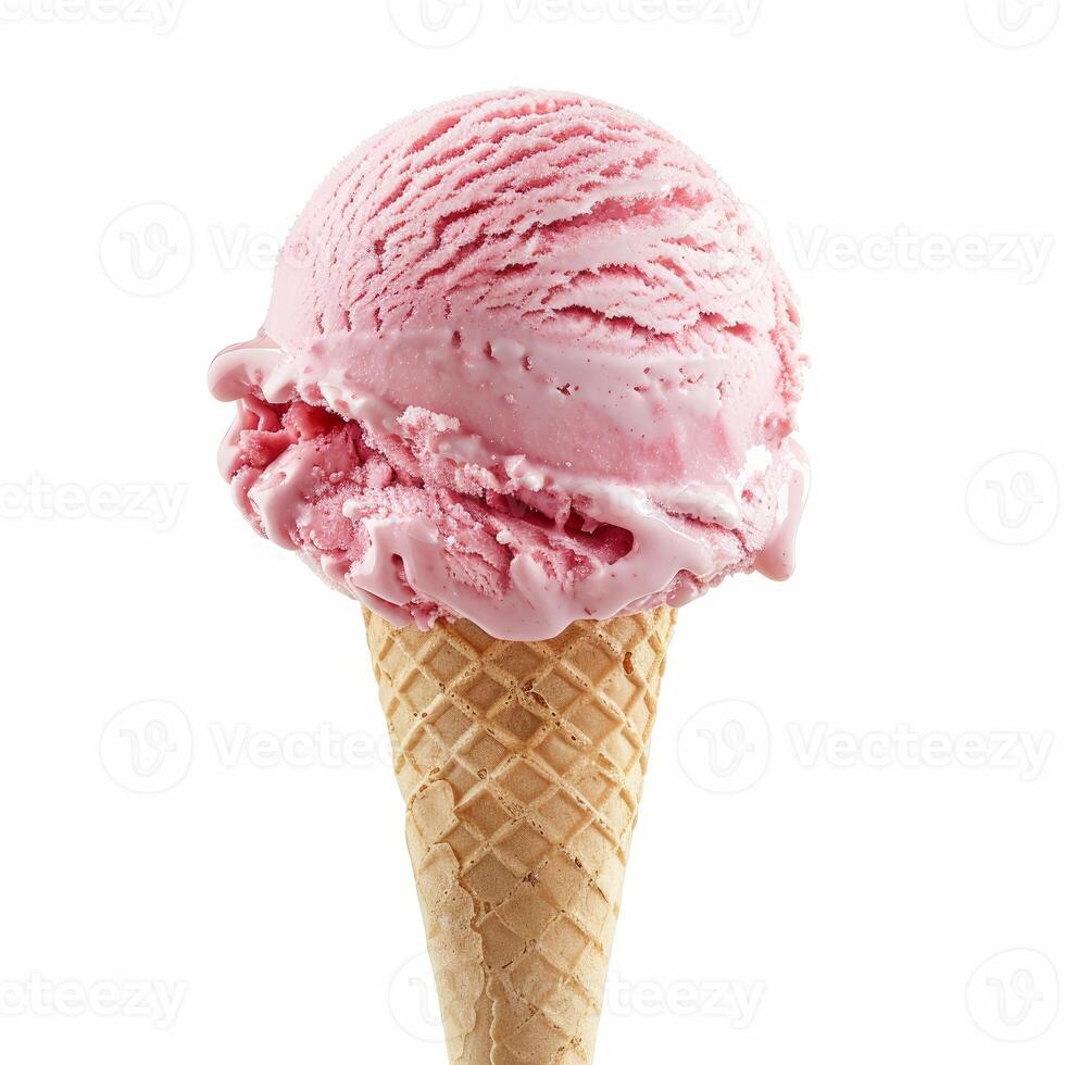 Delicious pink ice cream melting in a waffle cone on white background photo