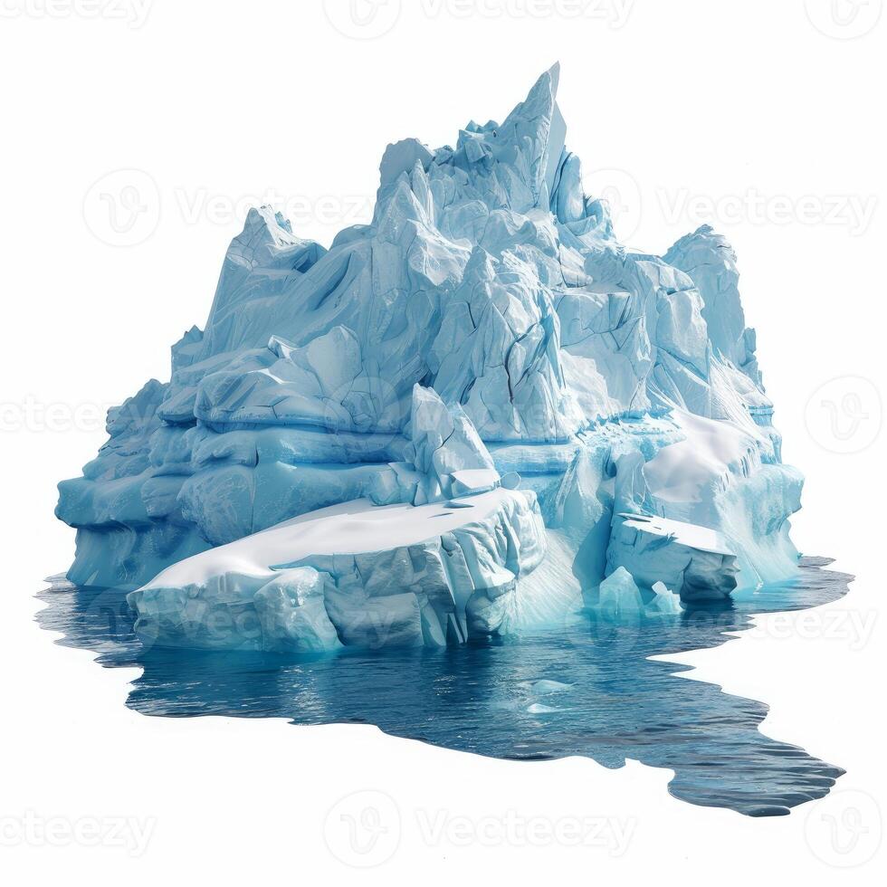 Large iceberg floating on blue water with white background photo