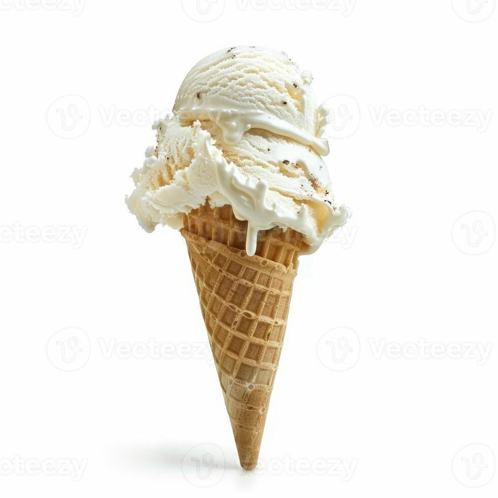 Melting ice cream scoops with chocolate sprinkles on waffle cone photo