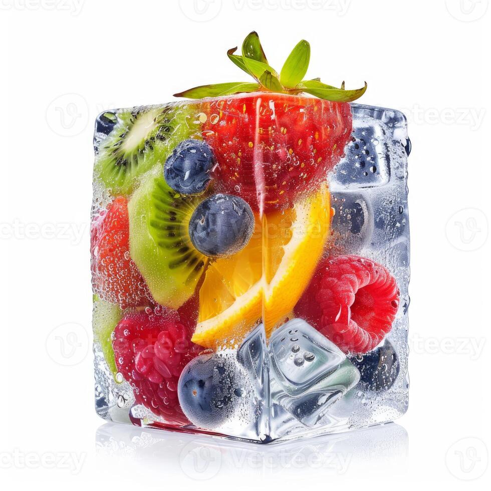 Ice cube with frozen mixed fruits showing freshness photo