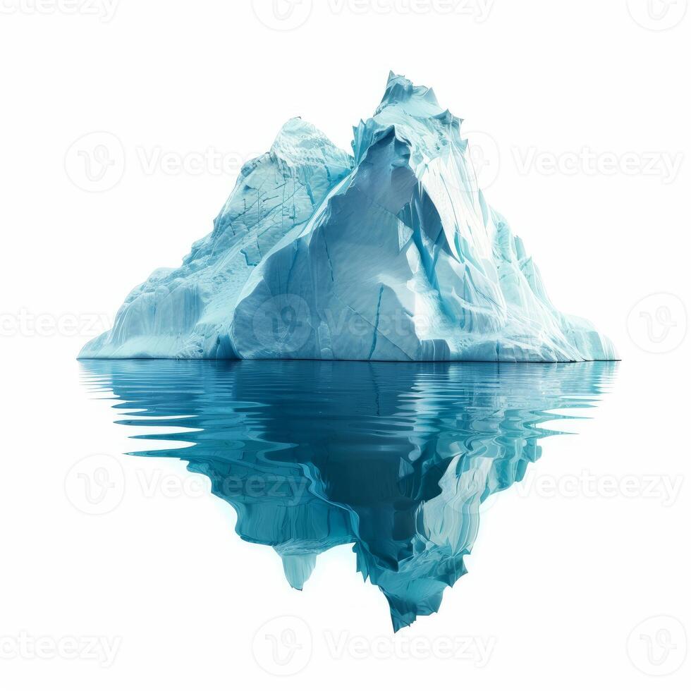 Iceberg floating in calm water with a perfect reflection isolated on white photo