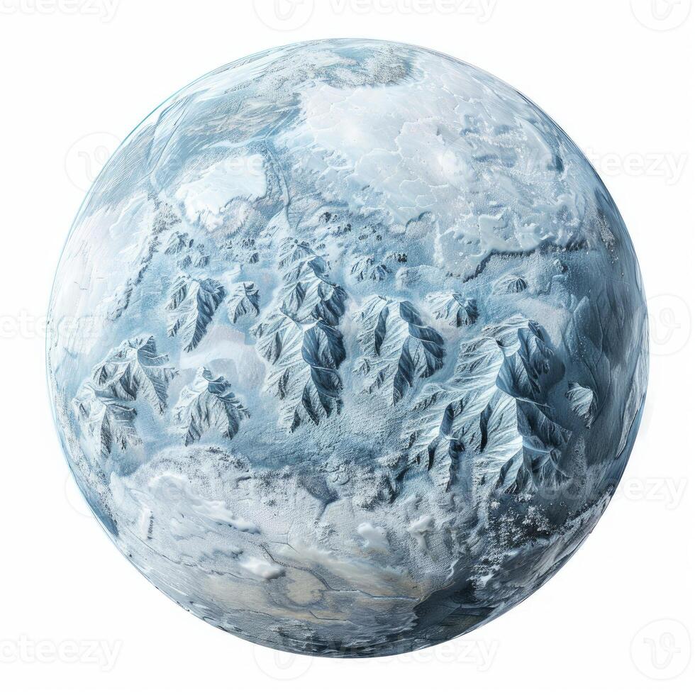 Frozen planet covered in snow and ice featuring majestic mountains photo