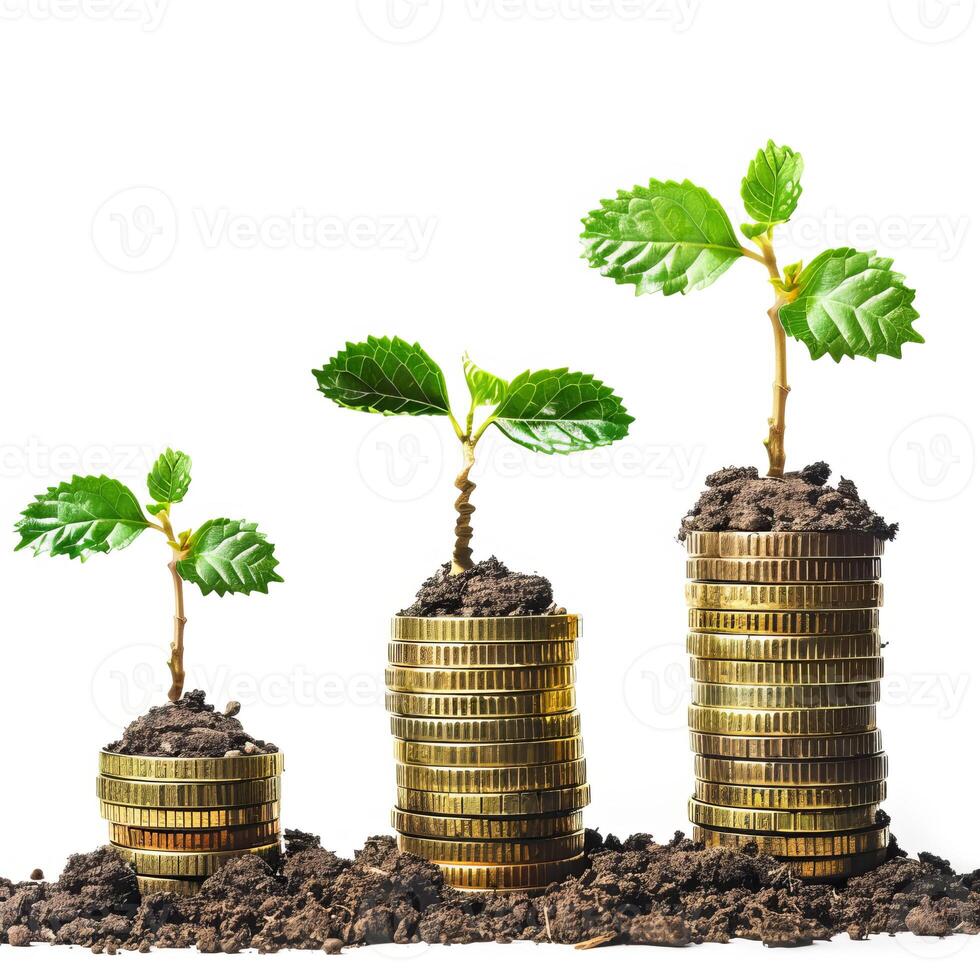 Plants growing on stacks of gold coins symbolizing investment growth photo