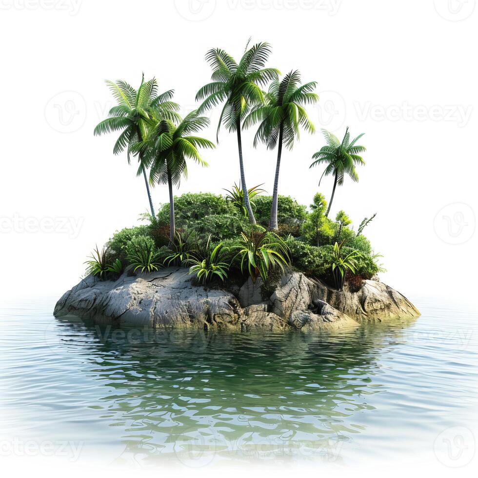 Tropical island with palm trees and lush vegetation emerging from a calm ocean on white background photo