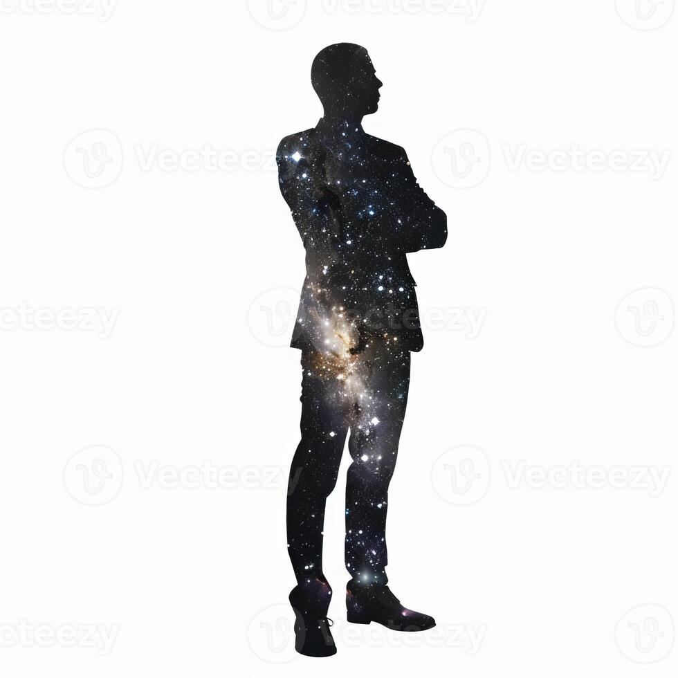 Businessman silhouette filled with colorful nebula and stars crossing arms photo