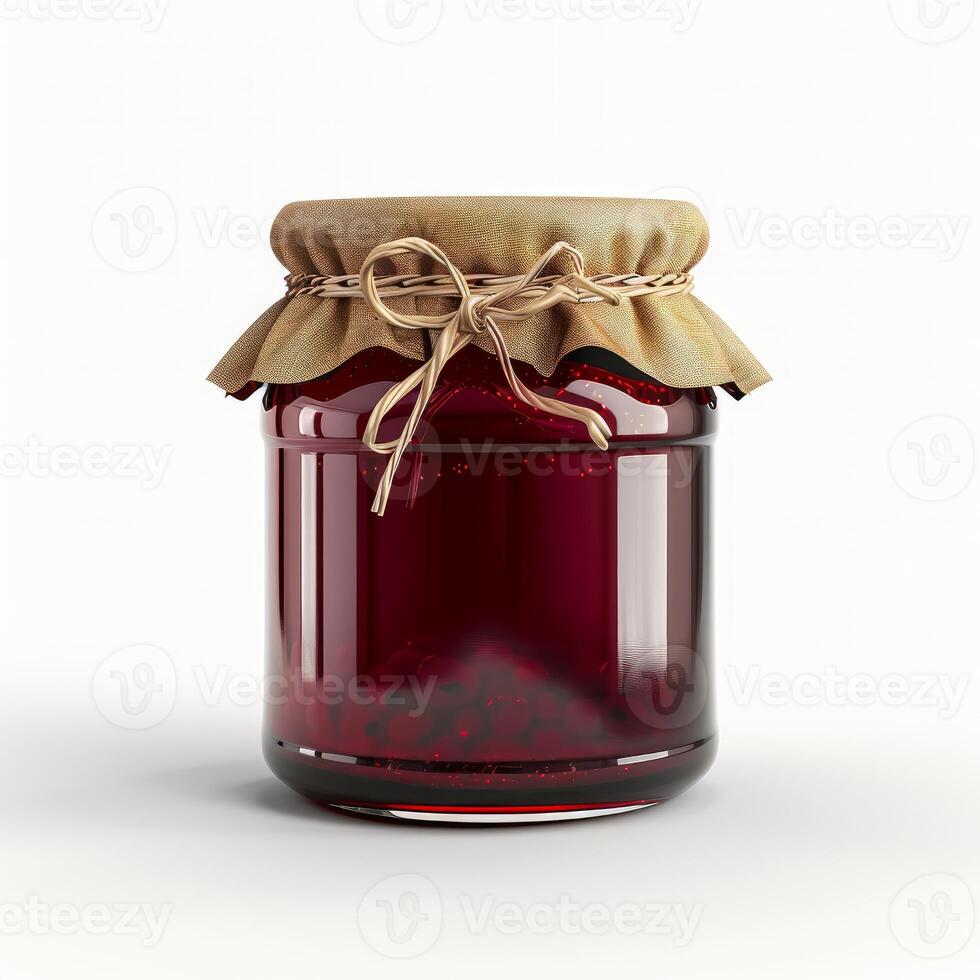 Glass jar with red berry jam and raffia ribbon on white background photo
