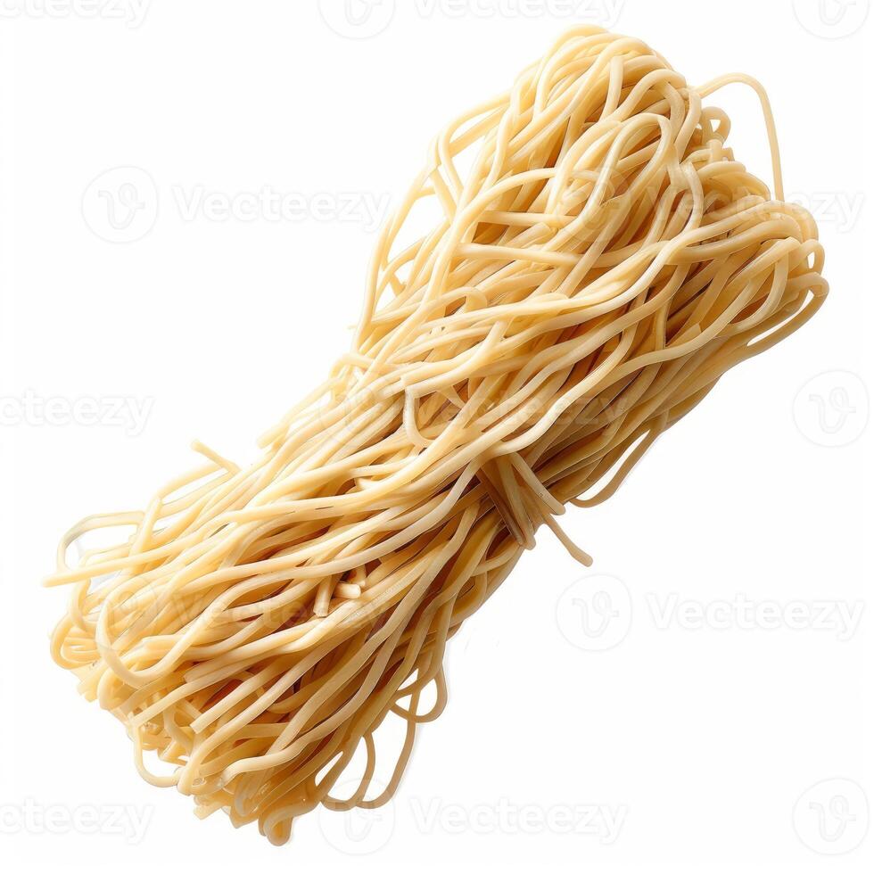 Bundle of uncooked noodles tied with rubber band on white background photo