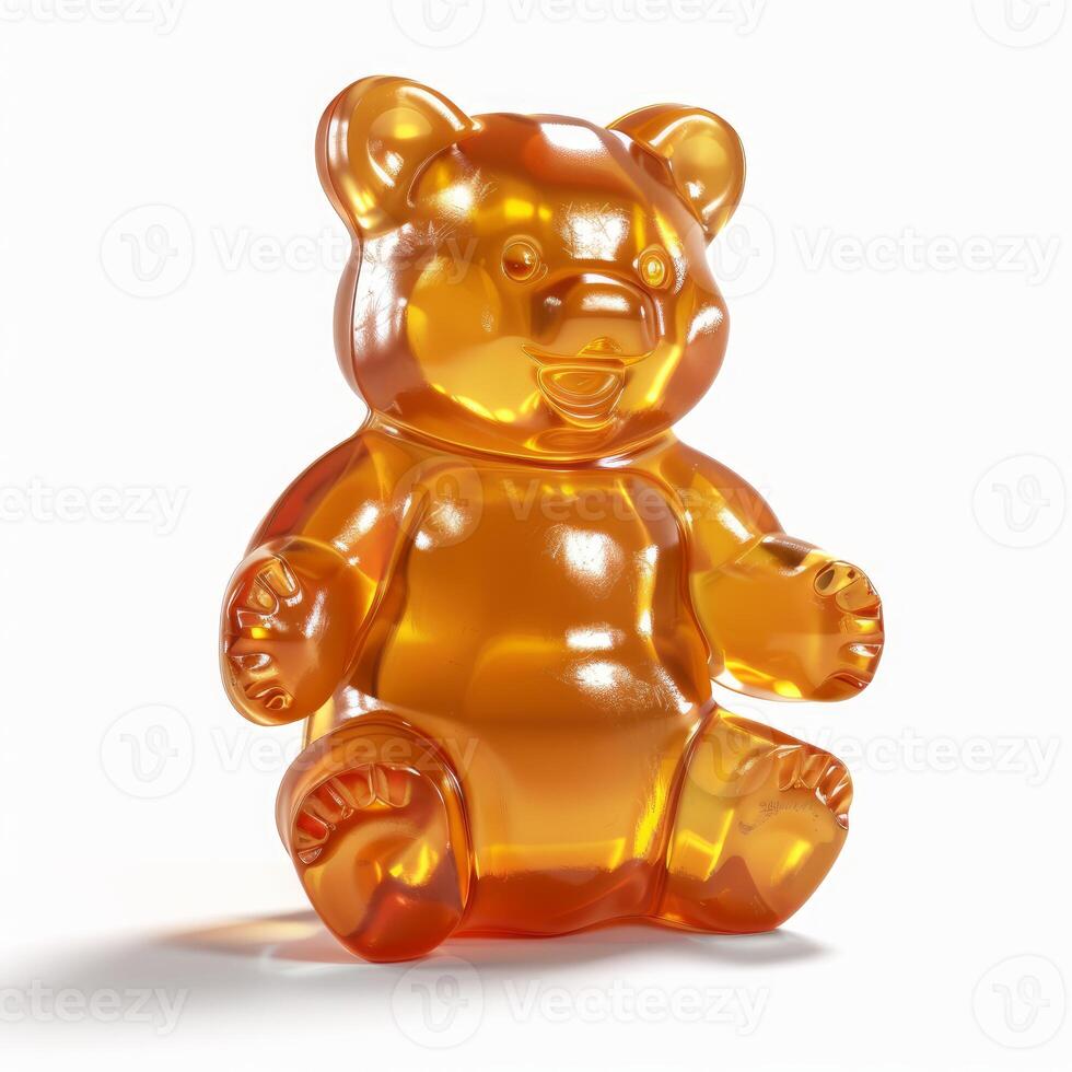 Golden gummy bear sitting and shining on white background photo