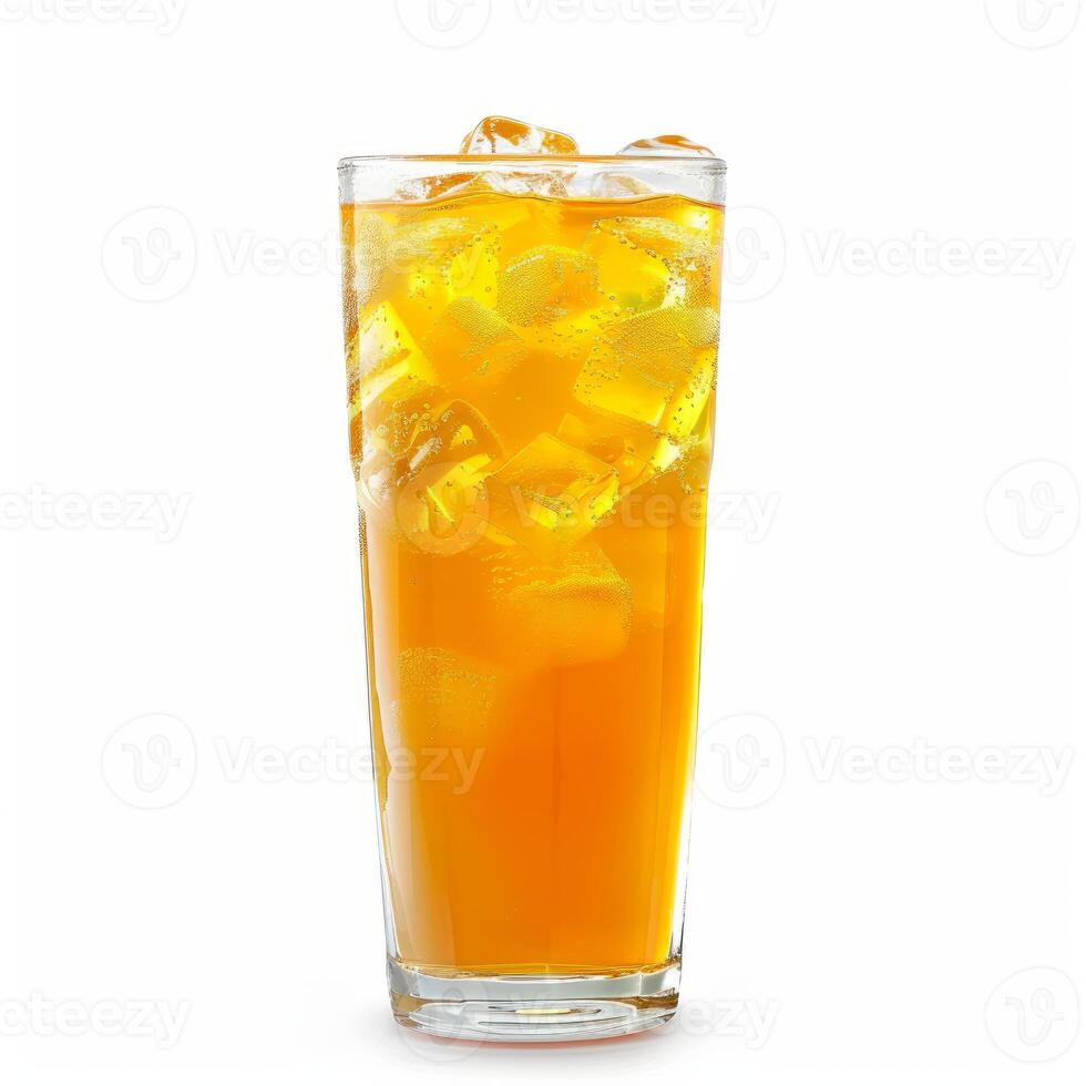 Refreshing orange soda with ice cubes in a tall glass on white background photo