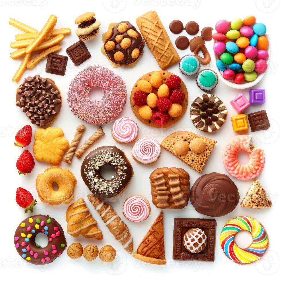 Colorful assortment of sugary treats forming a square on white background photo