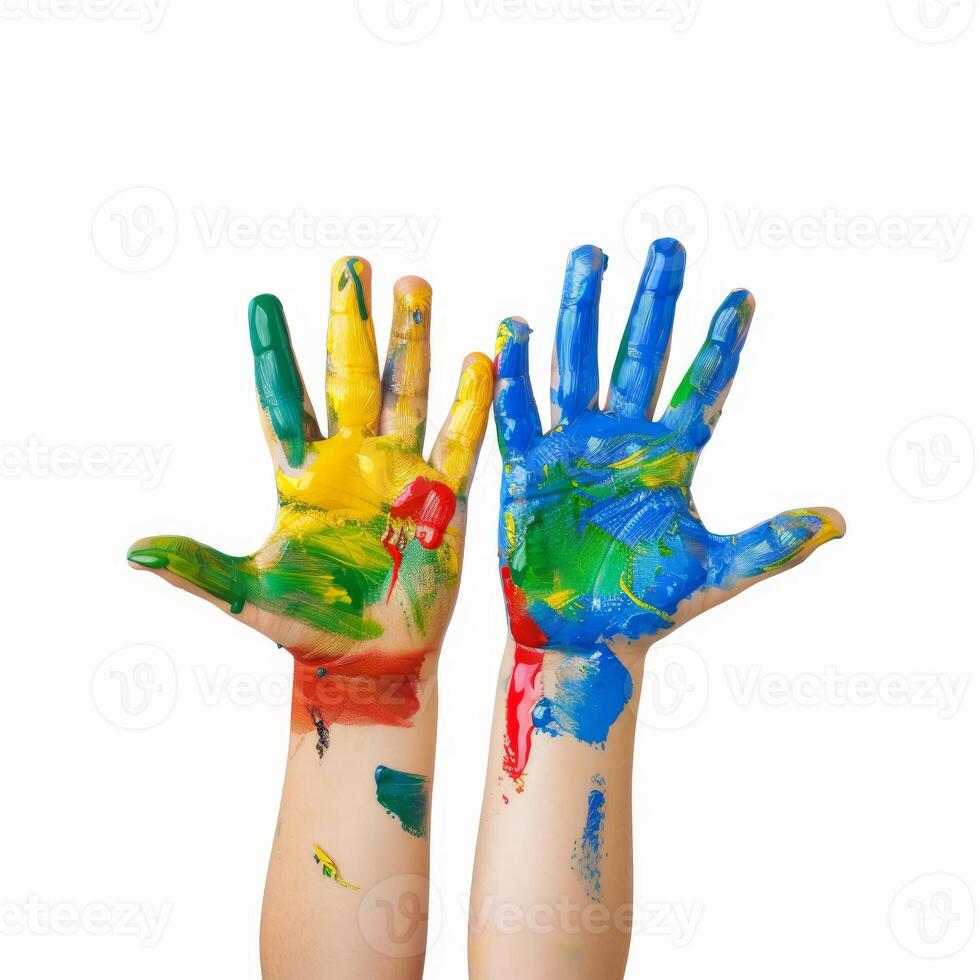 Children showing painted hands with colorful finger paint on white background photo