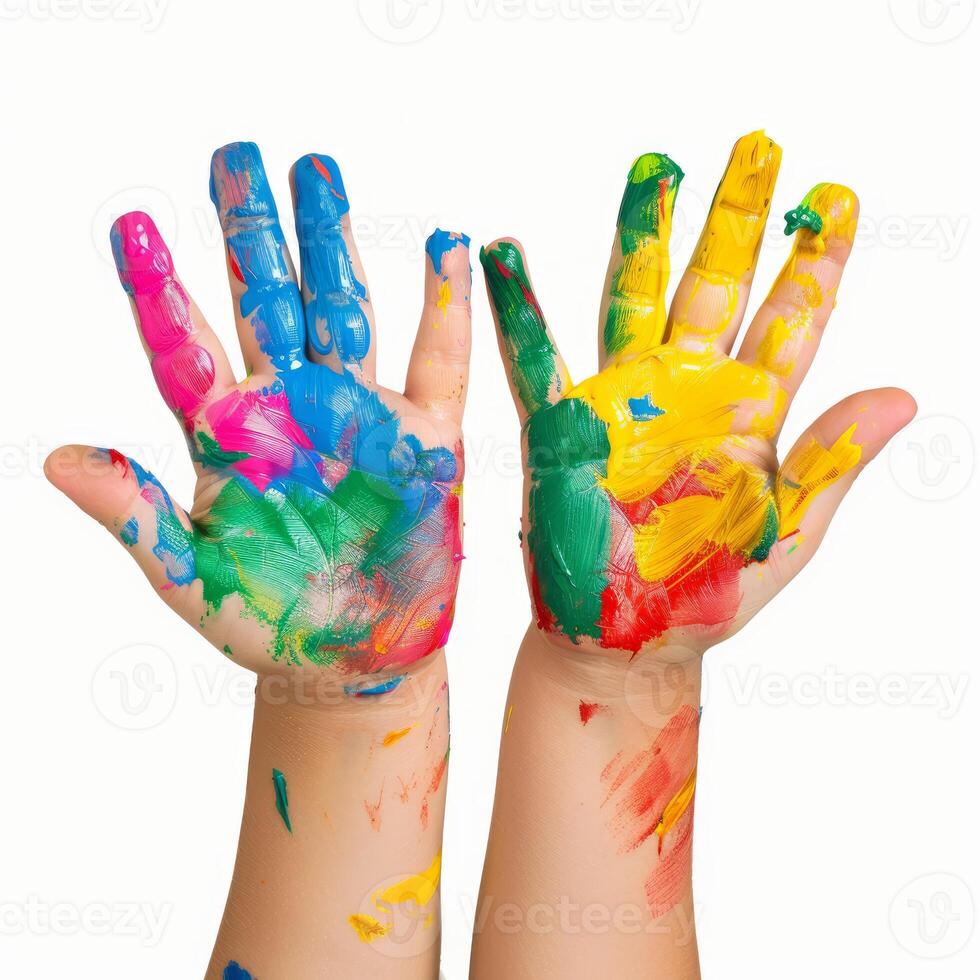 Kid showing painted hands isolated on white background photo