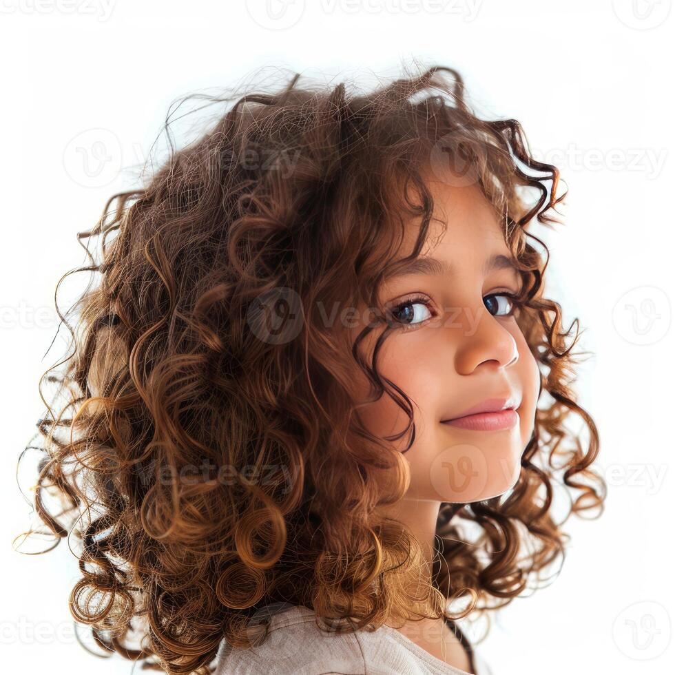 Portrait of smiling young girl with brown curly hair showing confidence photo