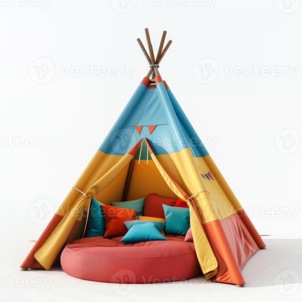 Colorful teepee tent with pillows inviting playful adventures on white background photo