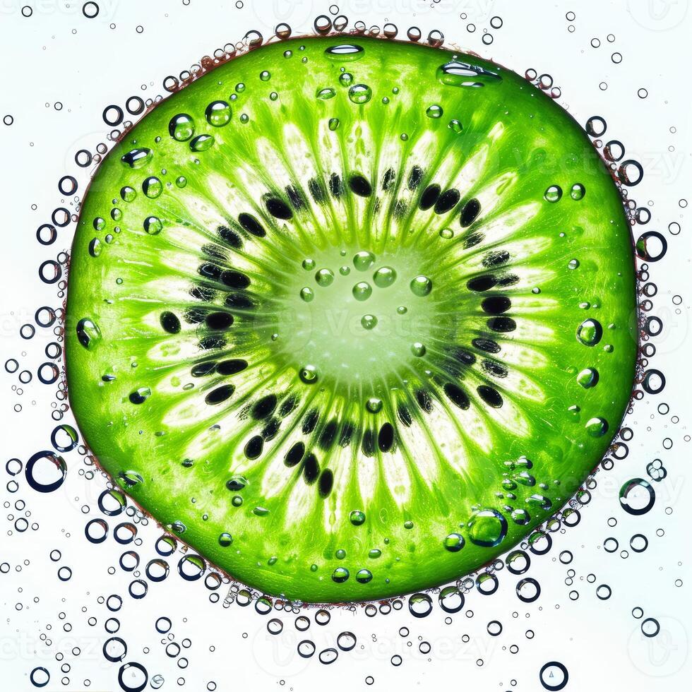 Slice of kiwi fruit submerged in sparkling water with bubbles photo