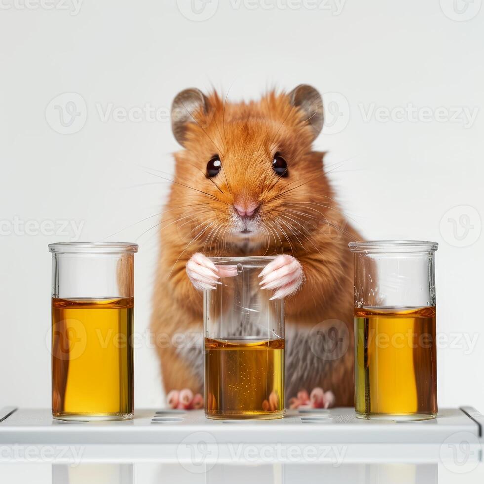 Syrian hamster holding beaker with oil in laboratory setting photo