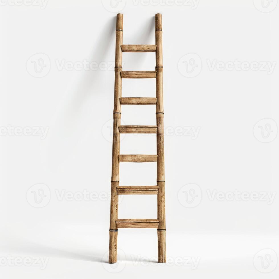 Bamboo ladder leaning against white wall in minimalist setting photo