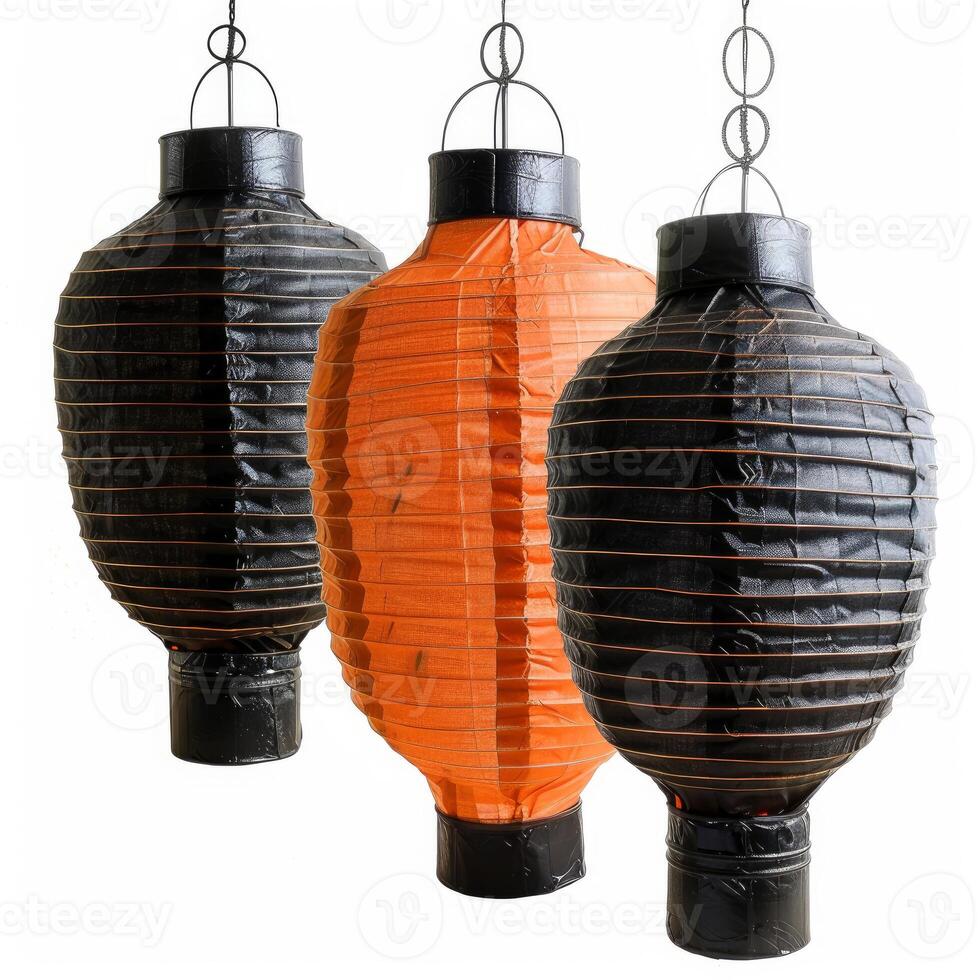 Three hanging paper lanterns creating a festive atmosphere photo