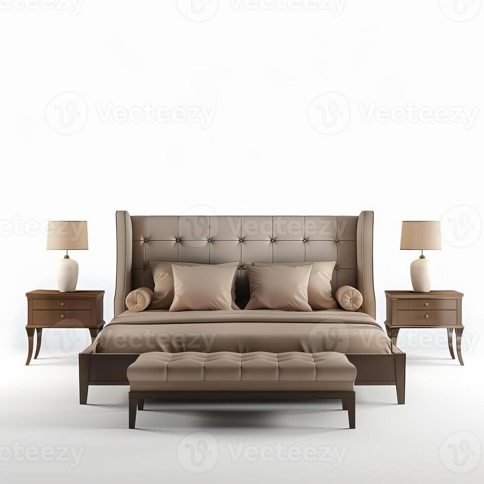 Classic bedroom interior with elegant bed, nightstands, and lamps showing comfort and style photo