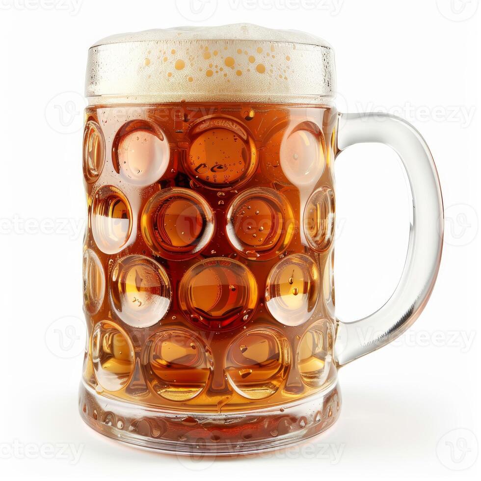 Large beer mug full of cold beer with foam on white background photo