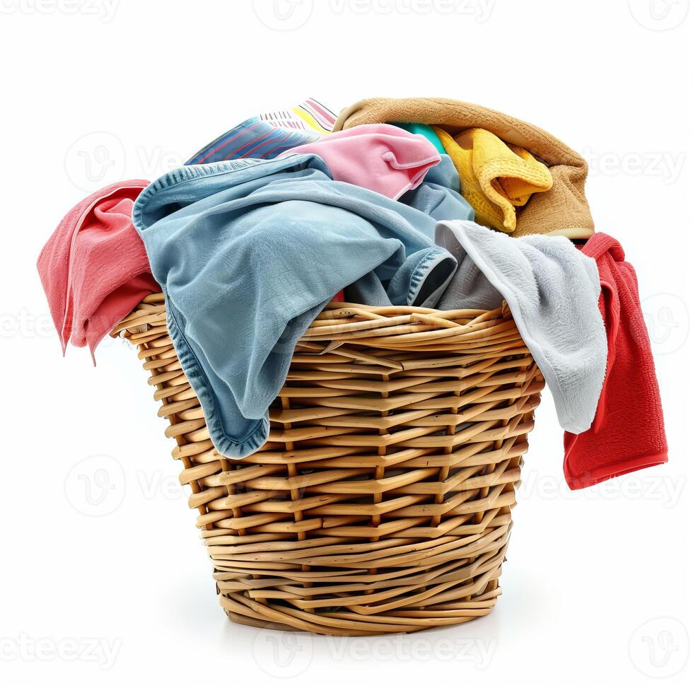 Wicker laundry basket overflowing with colorful clothes photo