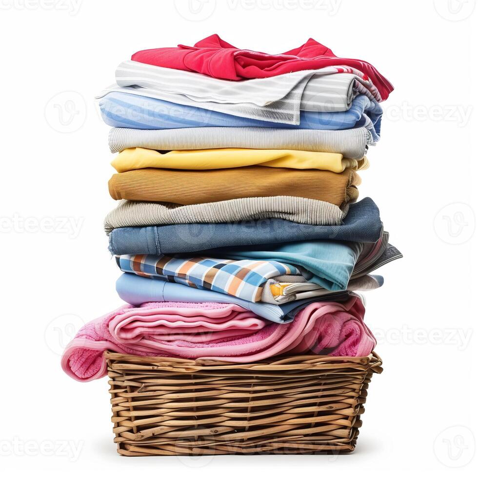 Stack of folded clothes sitting in wicker basket on white background photo