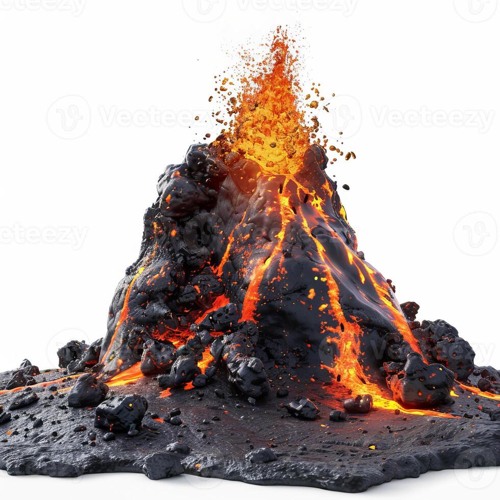 Volcano erupting with molten lava and ash cloud on white background photo