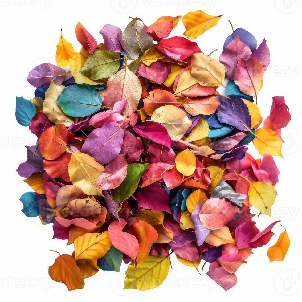 Colorful autumn leaves forming vibrant background on white surface photo